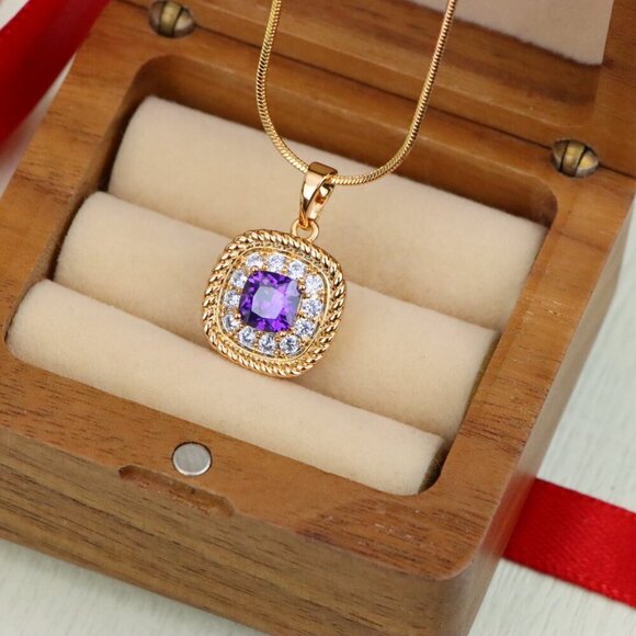 "Elegant Purple Square Pendant with Sparkling Border in Gold Finish, XPPT1658 - Picture 6 of 13